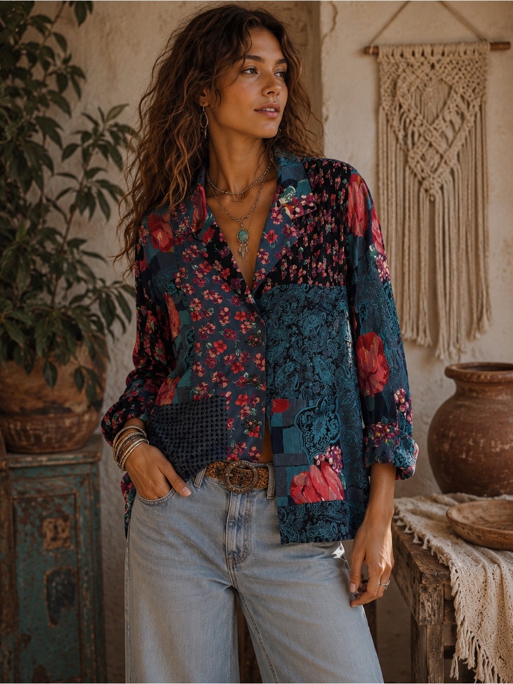 VTG Carole Little Patchwork Floral Unique Button-Down Shirt in Teal & Red